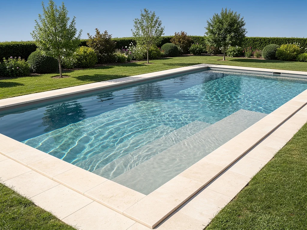 Piscine familiale rectangulaire avec plage immergée et margelles claires