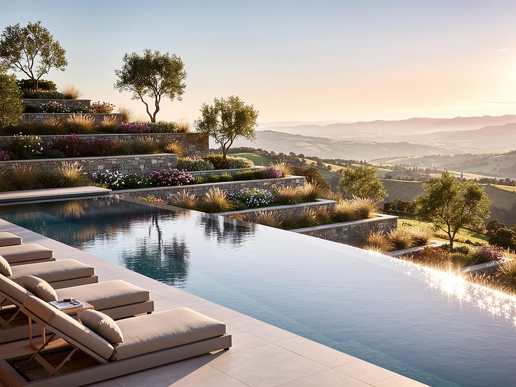 Piscine à débordement dominant un jardin en terrasse