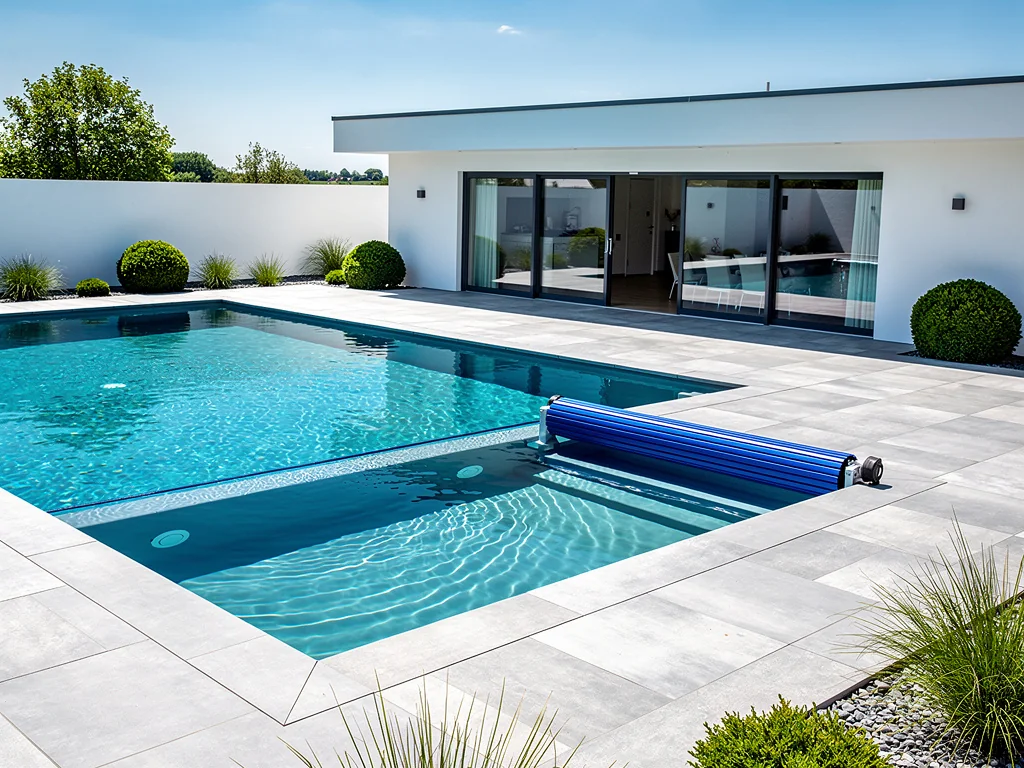 Piscine coque bleue avec escalier d'angle et volet immergé