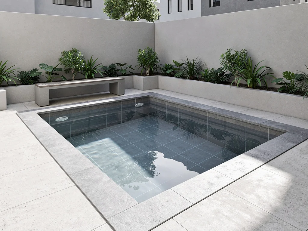 Petite piscine de ville avec revêtement gris et bassin compact
